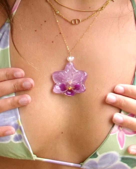 Bright Purple Veined Small Orchid Necklace
