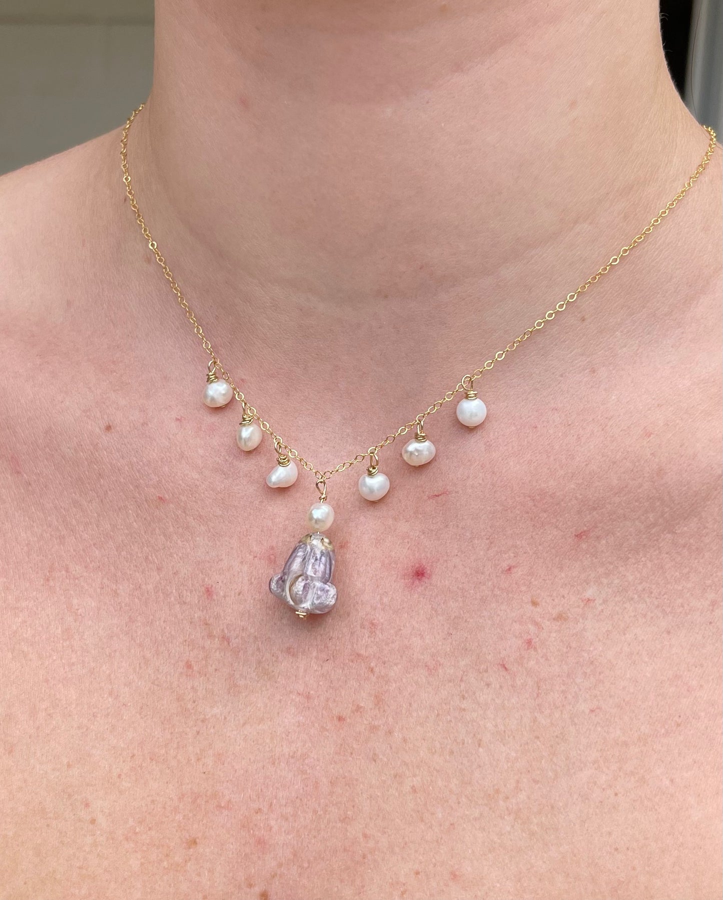 Pearl Charm Necklace with Crown Flower Pendant