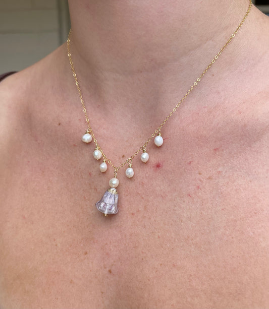 Pearl Charm Necklace with Crown Flower Pendant