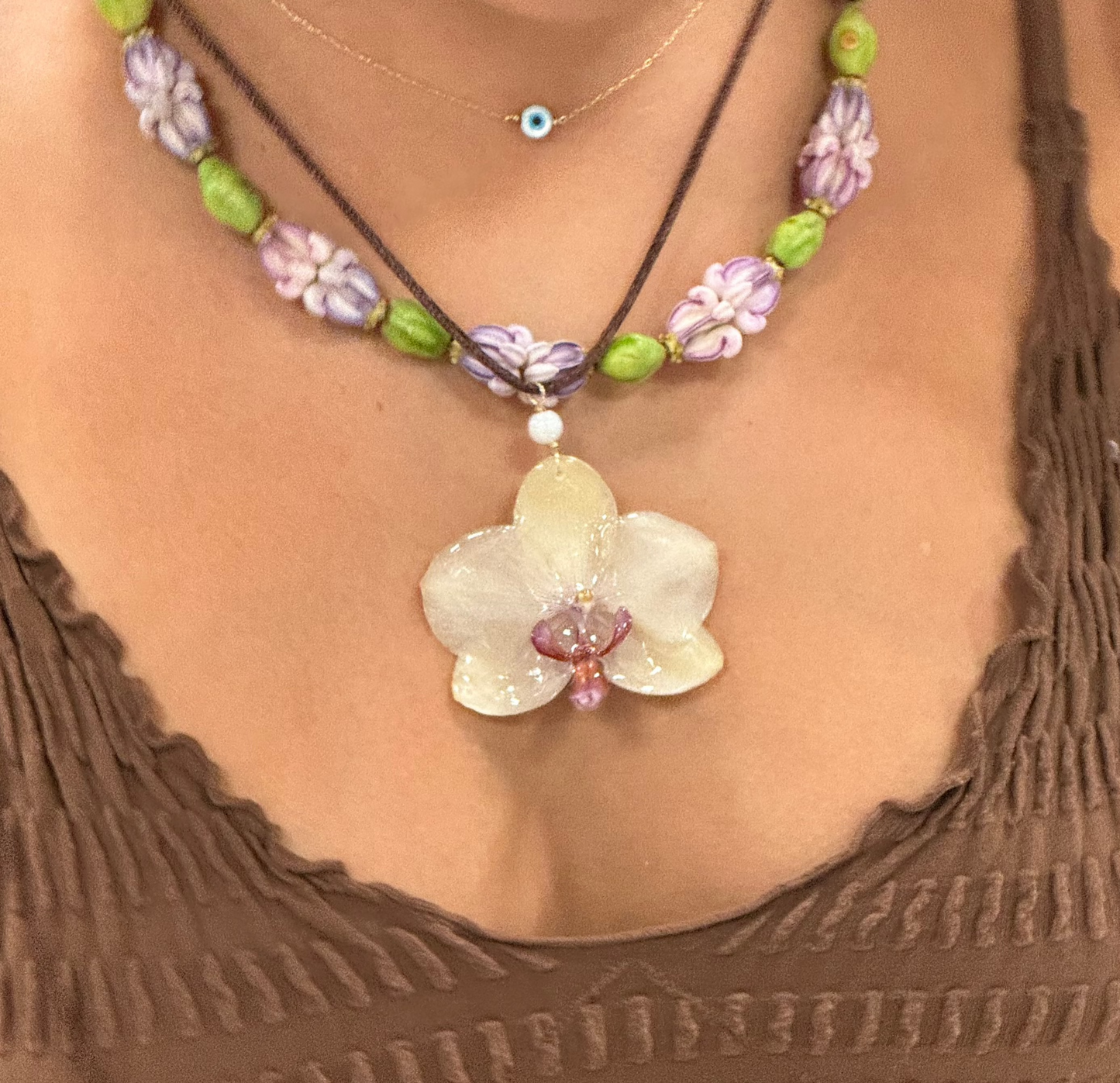 Muted Yellow Small Orchid Wrap & Tie Necklace
