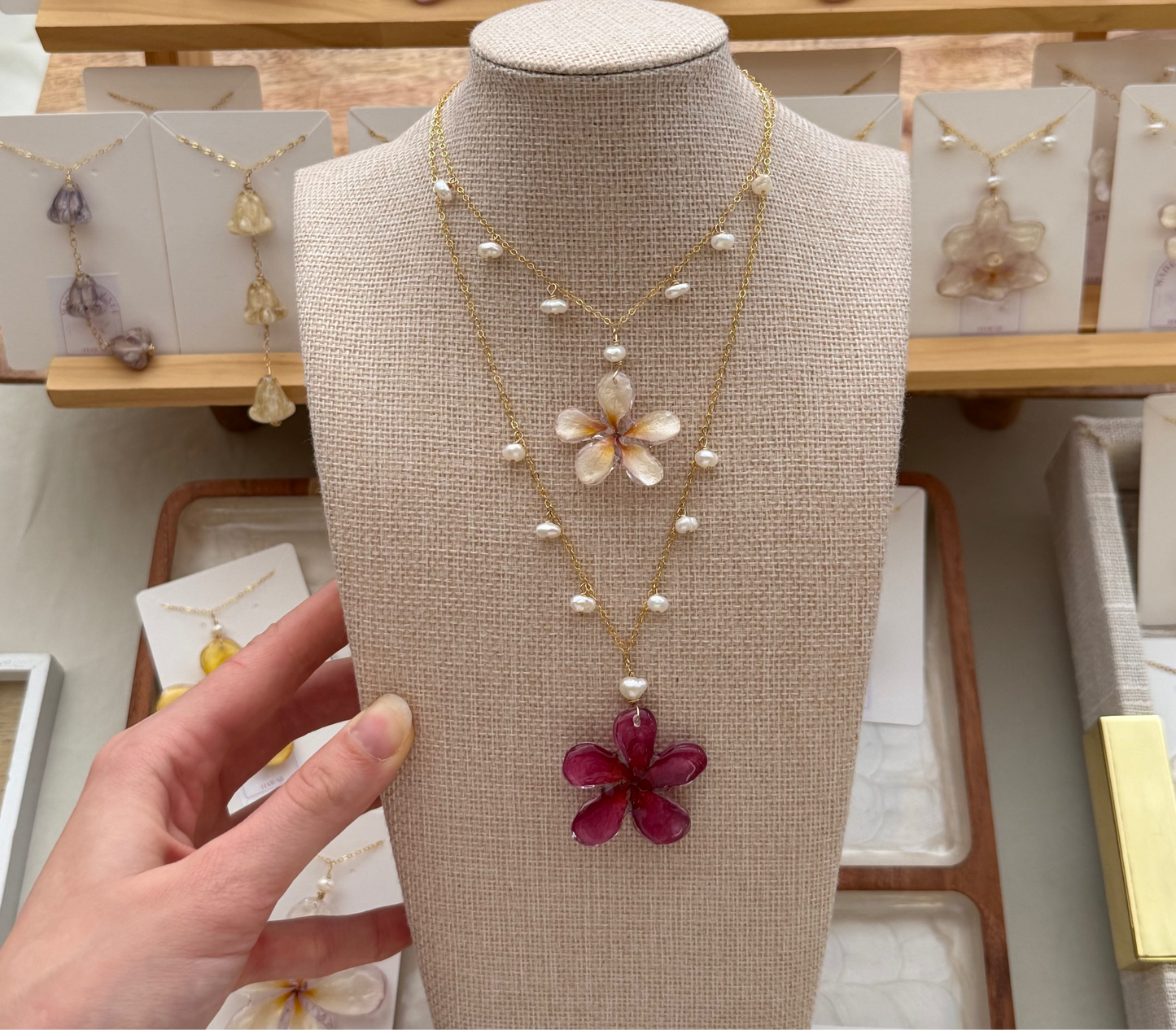 Pearl Charm Necklace with Plumeria Pendant