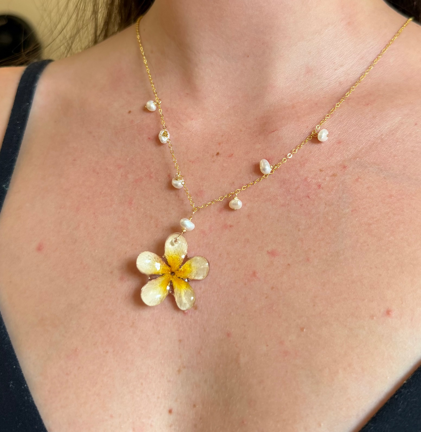 Pearl Charm Necklace with Plumeria Pendant