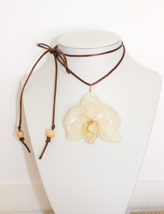 White Large Orchid Wrap & Tie Necklace